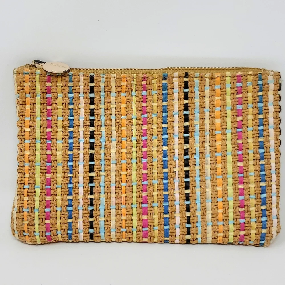 Ipsy Makeup Bag Tan Woven Rattan Like Bright Ribbons Throughout